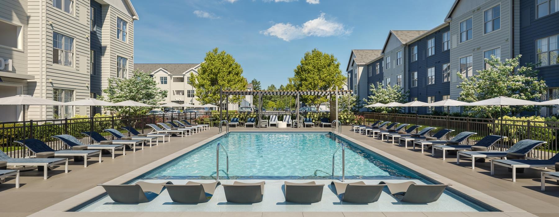 a swimming pool surrounded by buildings