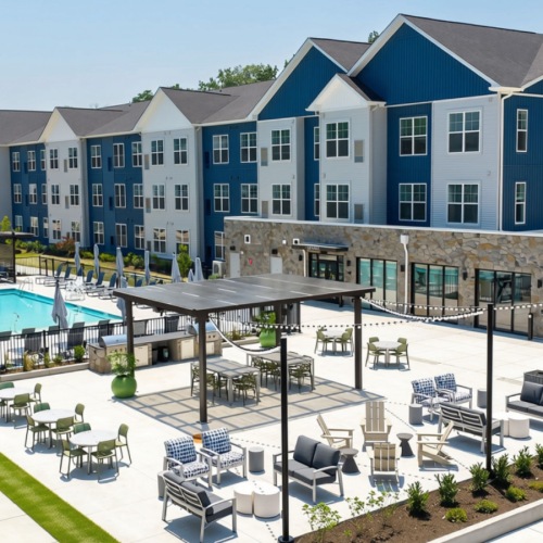 Pool courtyard with outdoor kitchen and lots of seating areas