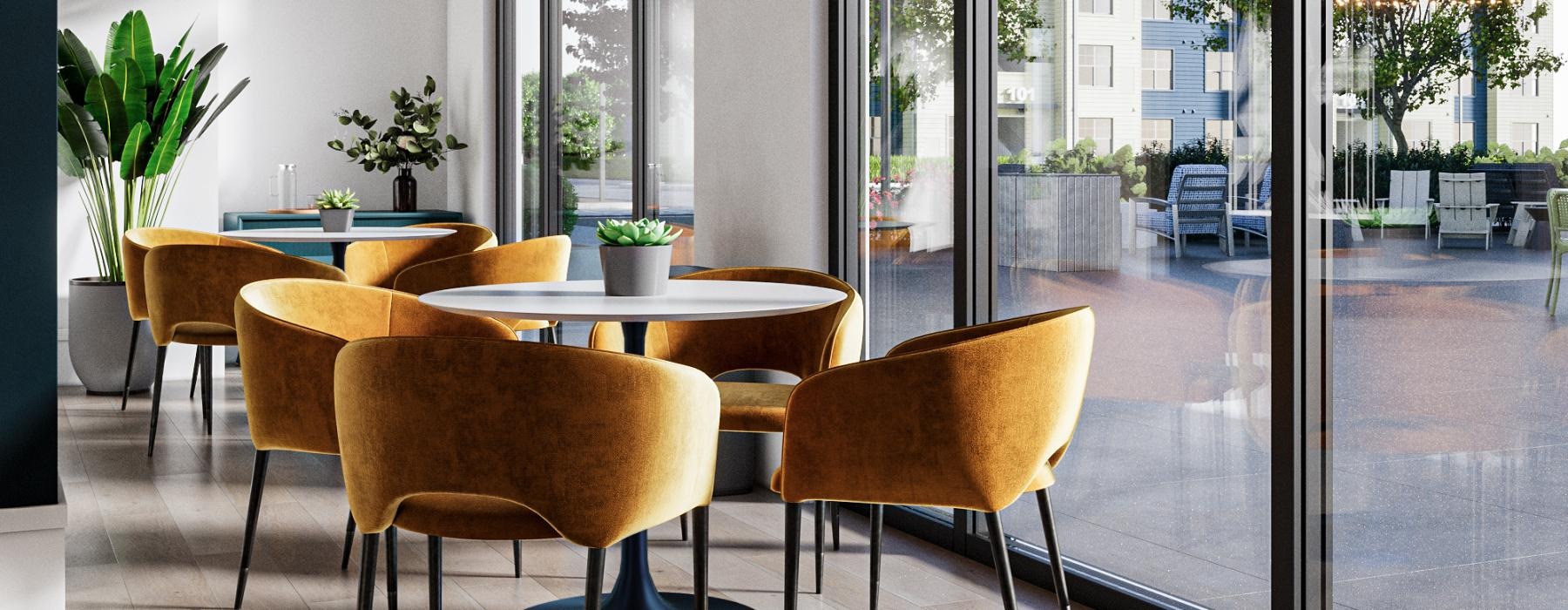 a room with tables and chairs