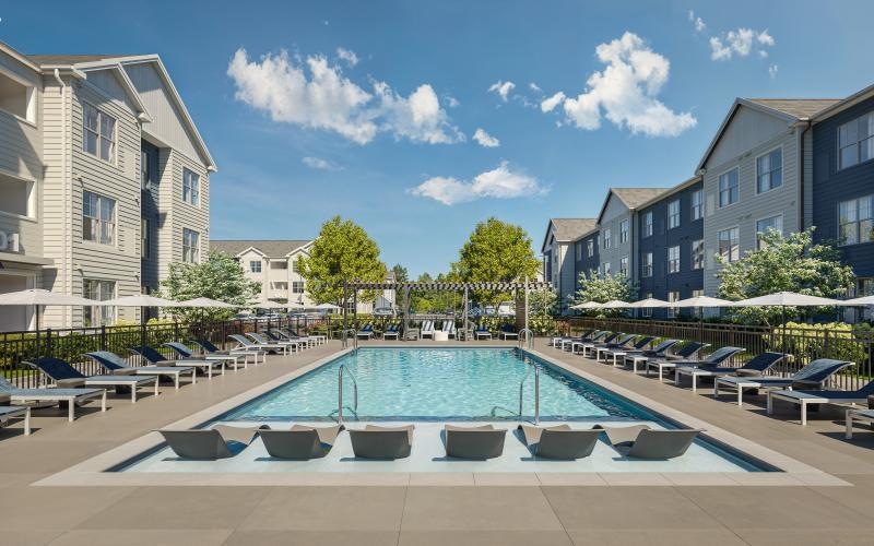 a swimming pool surrounded by buildings