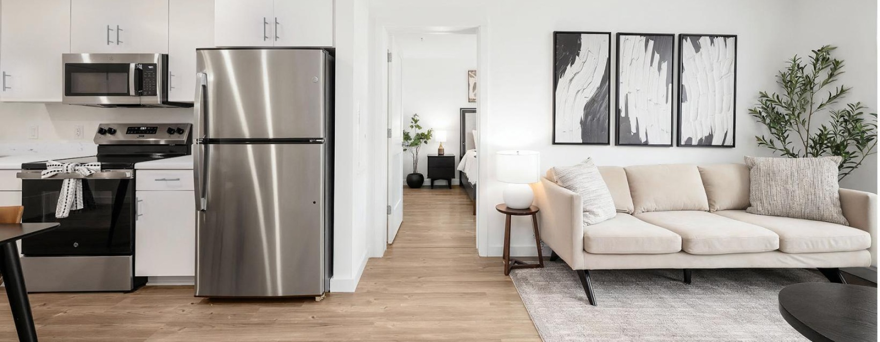 a living room with a couch and a table